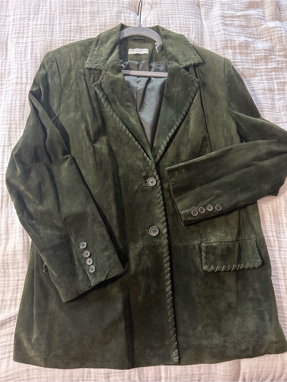 Lord & Taylor olive green suede blazer whipstitch leather Vintage